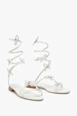 Flat^Rene Caovilla Sandalo Butterflower Con Cristalli 10 Avorio