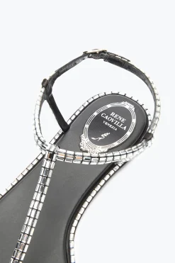Flat^Rene Caovilla SANDALO DIANA CON BAGUETTE DI CRISTALLI 10 Nero