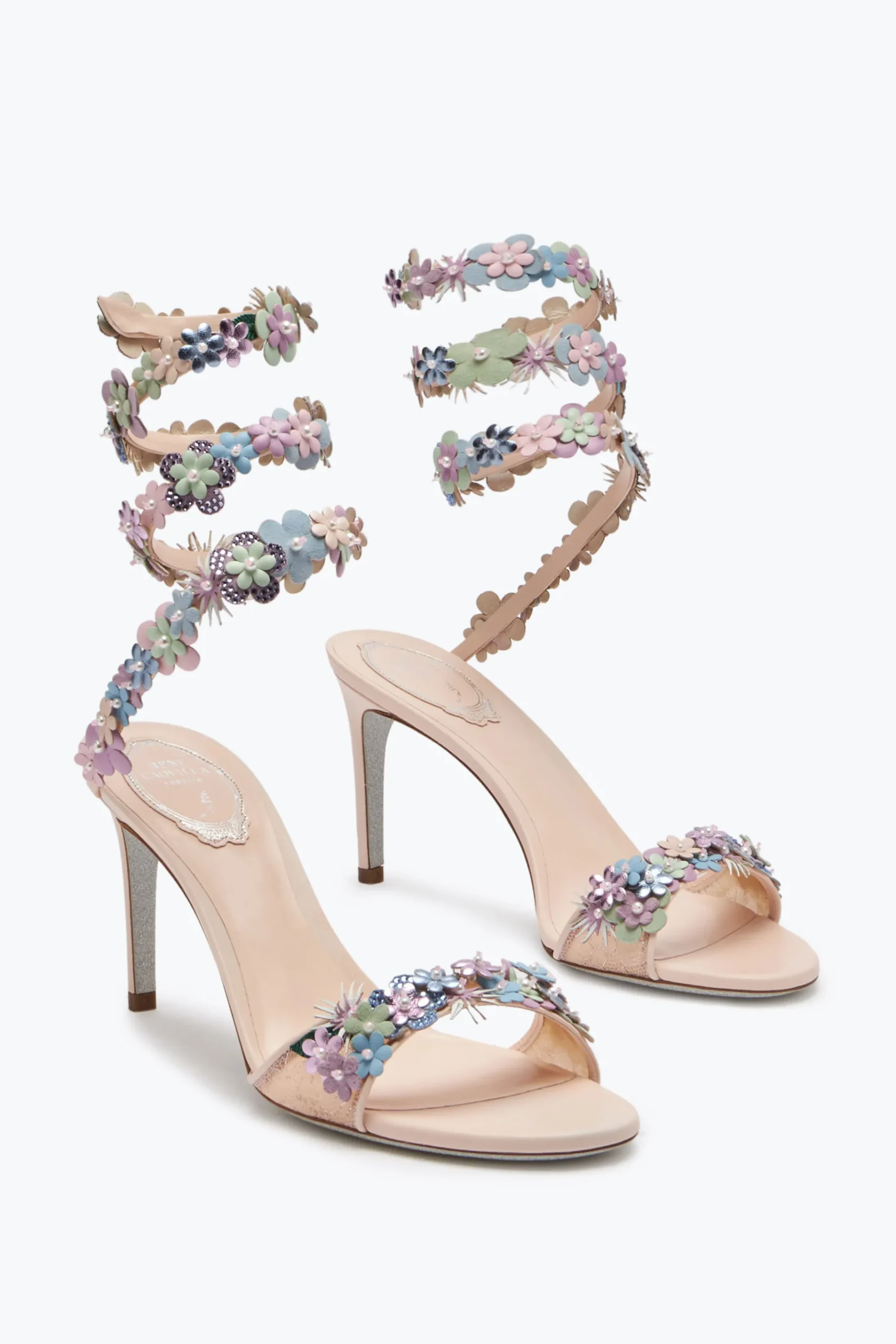 Sandali^Rene Caovilla Sandalo Roxanne Rosa Cipria Con Fiori Multicolor 80 Rosa Polvere