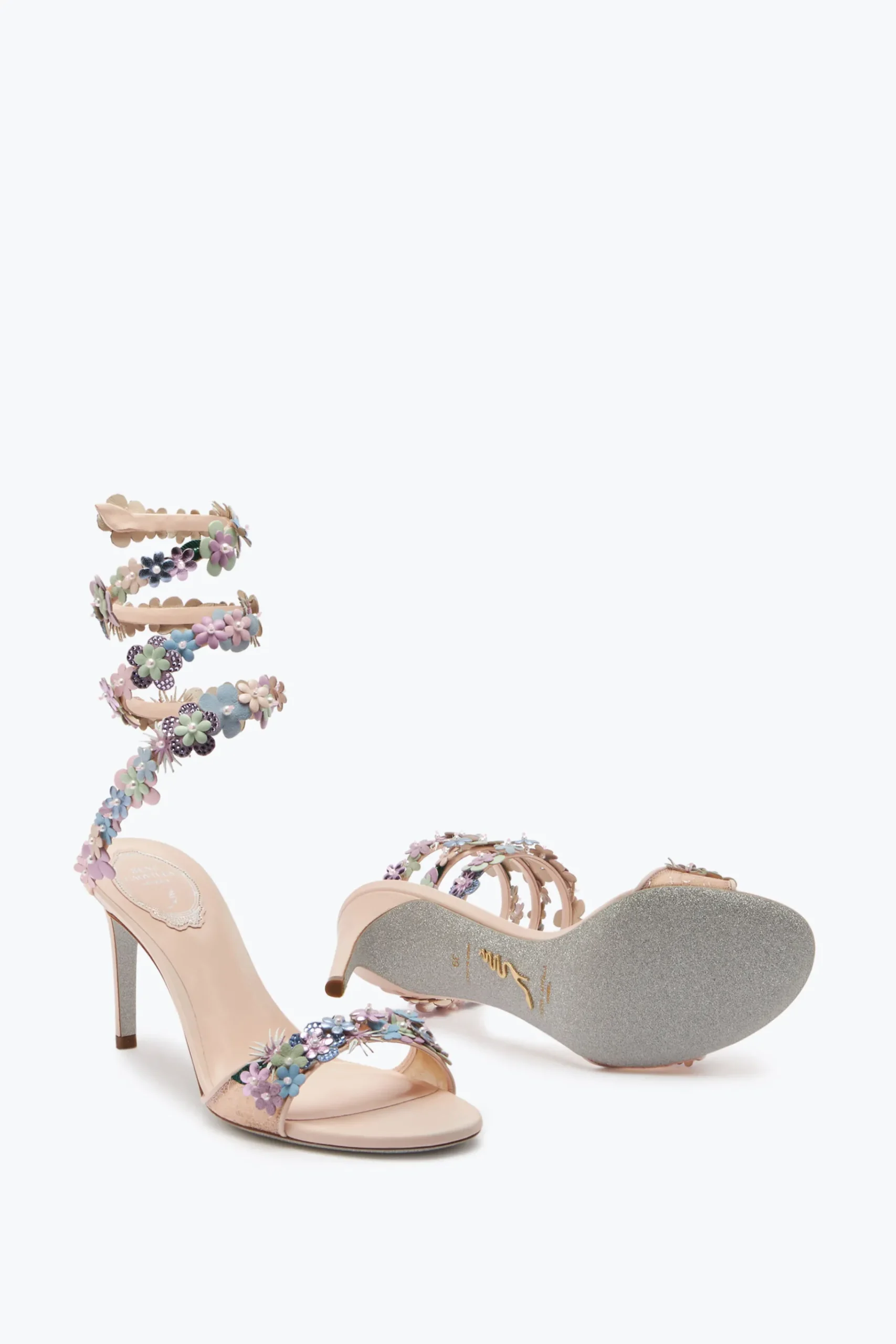Sandali^Rene Caovilla Sandalo Roxanne Rosa Cipria Con Fiori Multicolor 80 Rosa Polvere