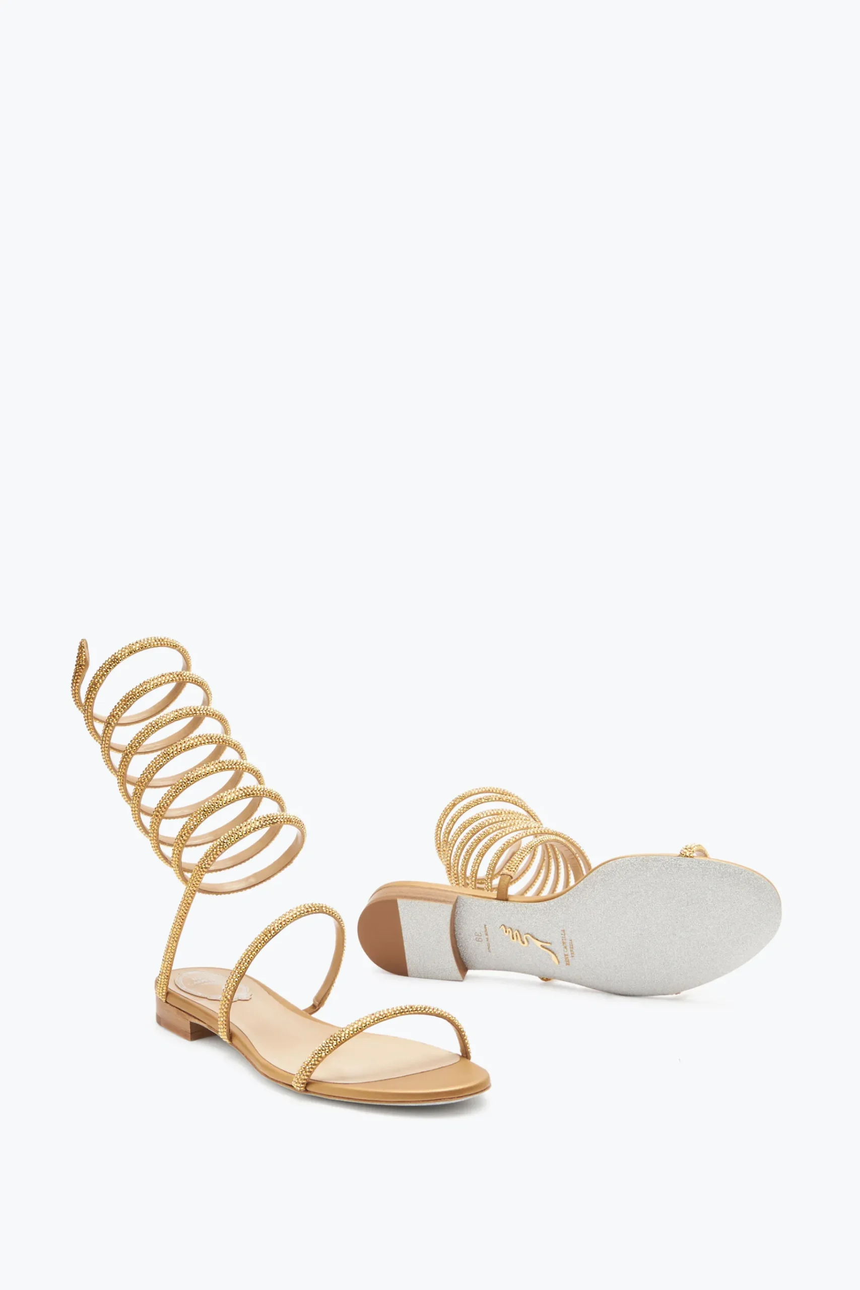 Flat^Rene Caovilla Sandalo Supercleo Con Cristalli 10 Oro