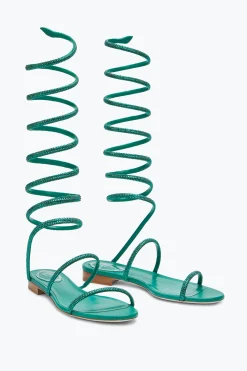 Flat^Rene Caovilla Sandalo Supercleo Smeraldo Con Cristalli 10 Verde